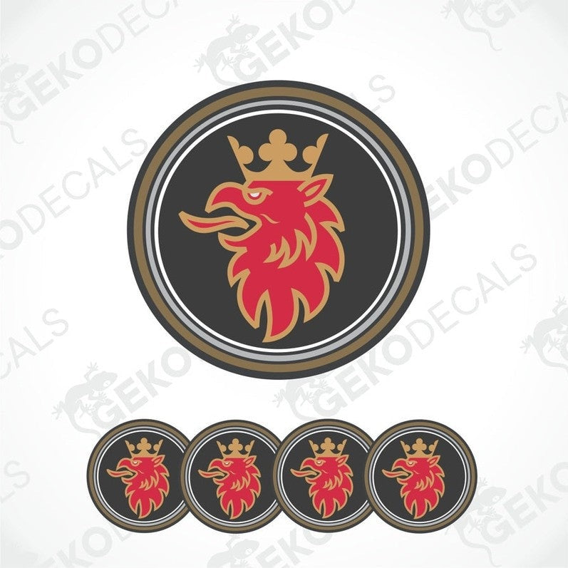 A set of vinyl decals featuring a red and gold Scania with a crown on a black background with silver trim.