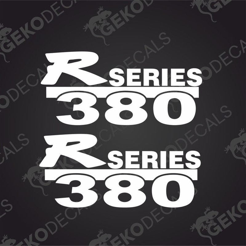 Two white decals with 'R 380' and '380' text, presented on a black background with a watermark logo reading 'gekodecals'.