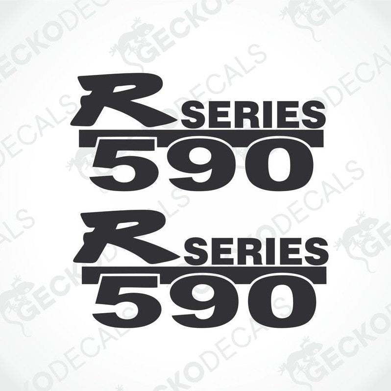 Two black and white die cut stickers with the text 'R SERIES 590' on them, intended for use as vehicle decals.