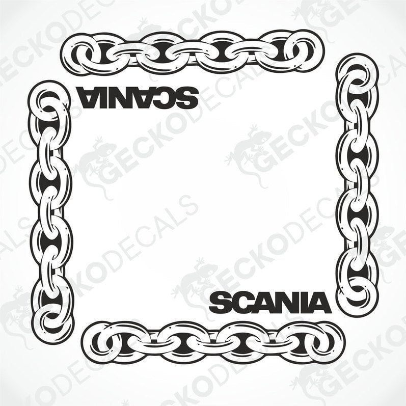 A pair of black and white chain side window decals with the brand name 'Scania' written within the chain design.