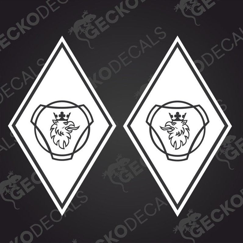Two black and white vehicle decals with a geometric design and a heraldic emblem on each.