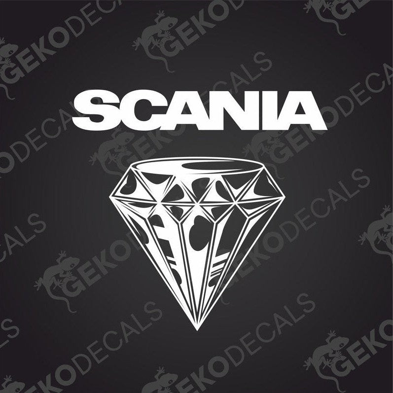 A white die cut sticker with the Scania brand logo, featuring a diamond design.