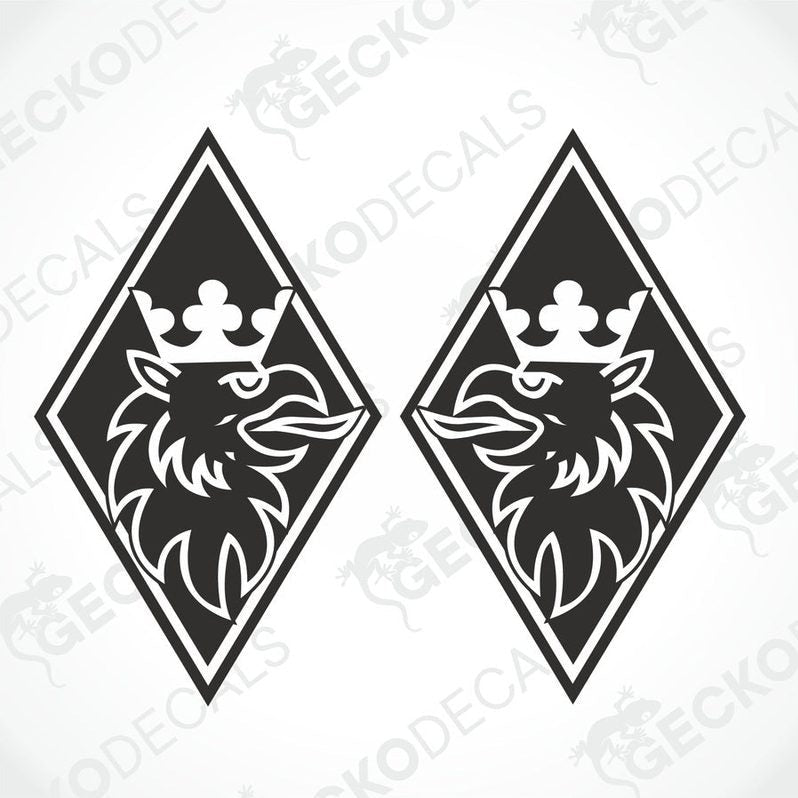 Two black and white diamond-shaped vehicle decals with a lion's face and crown