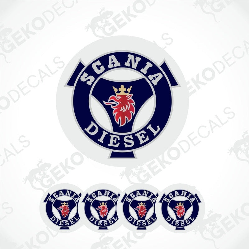 Set of four round vinyl stickers with the Scania diesel logo in white, red and blue