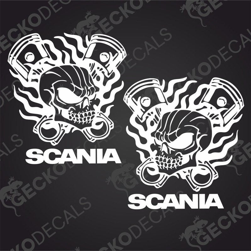 A pair of white decal stickers with the image of a skull, flames, and the text 'SCANIA', designed for use on vehicles.