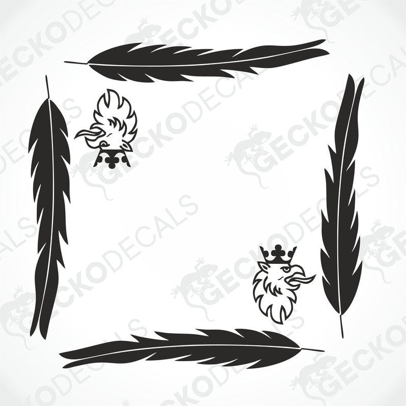 A set of black feather-shaped decals and a griffin design for side window decoration on a vehicle.