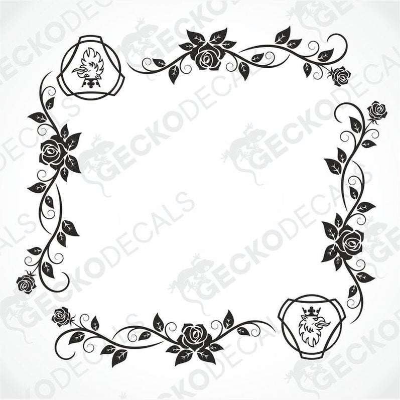 A black and white image of a floral design die cut decal intended for side window decoration, featuring roses and leaves.