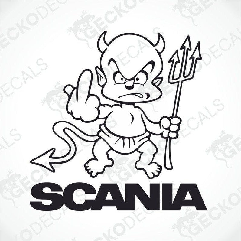 A decal design featuring an illustrated devilish character with a Trident, extending a middle finger, with the brand name 'SCANIA' displayed prominently below.