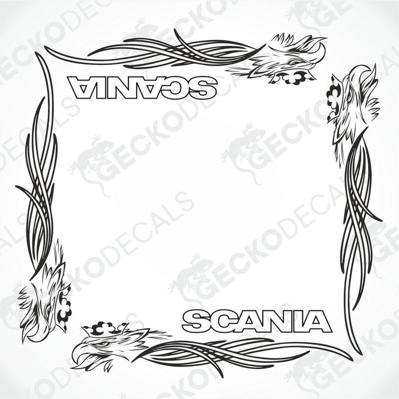 A pair of black and white tribal side window decals for a Scania vehicle, designed for use on the exterior of the vehicle.