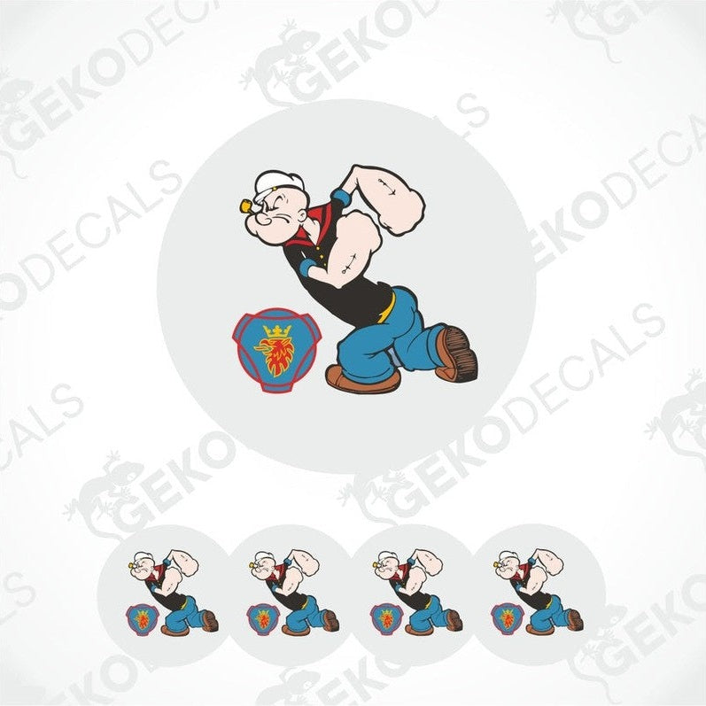 A set of four round vinyl stickers featuring a cartoon character, with a polyurethane coating visible.