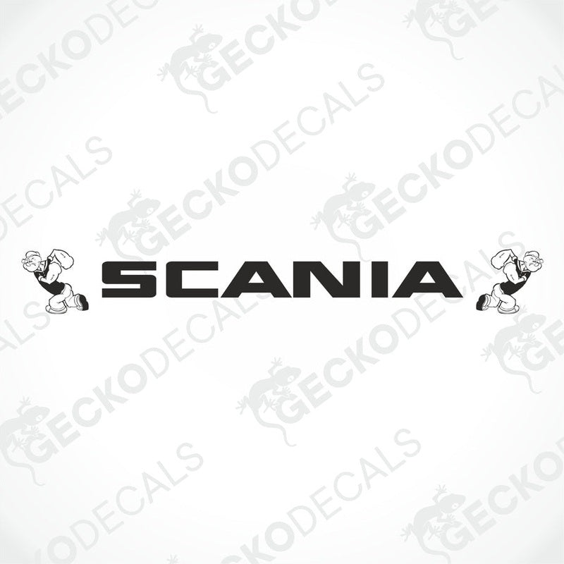 A front view of a Scania truck with a die cut decal on the windscreen.