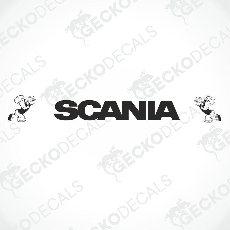 A front view of a Scania truck with a 'Popeye' windscreen decal displayed on the windshield.