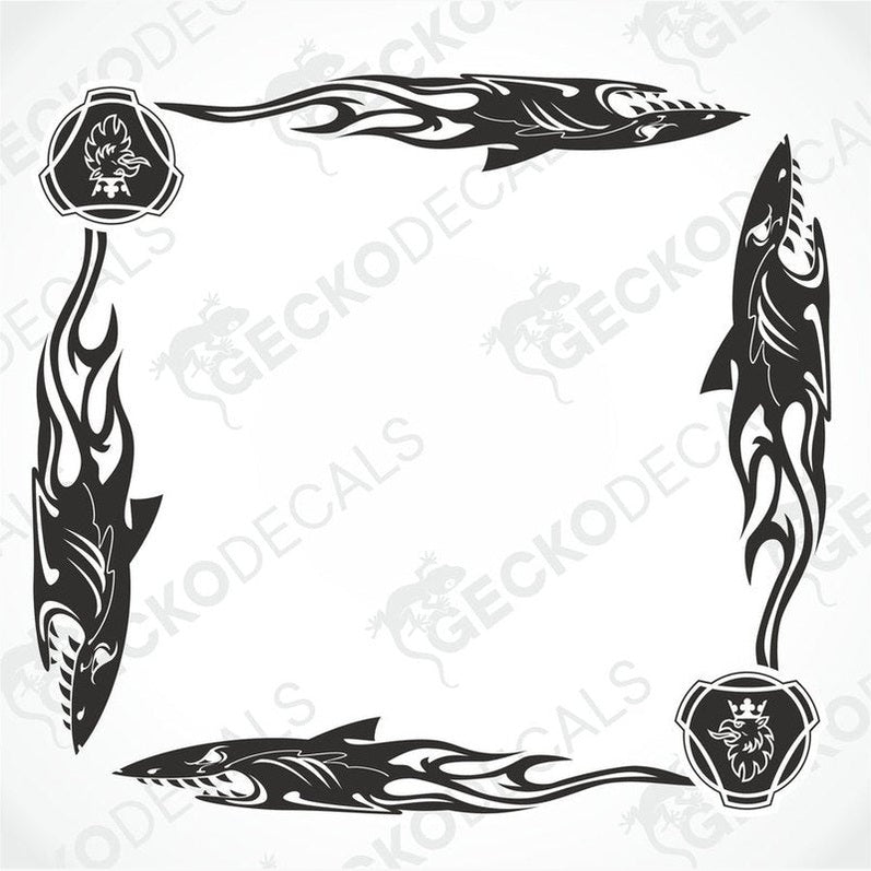 A set of black tribal shark side window decals for a Scania truck, designed to be applied on transfer