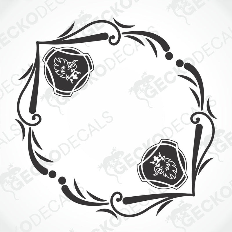 A set of two black decals with a circular and floral design, featuring a griffin motif, intended for use on side windows of trucks.