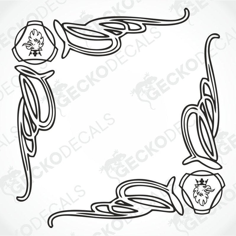 A set of two black and white side window decals for a Scania truck, featuring intricate line art designs with the Scania Griffin logo.