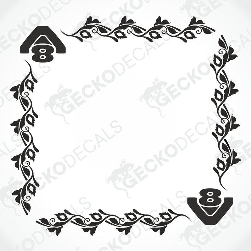 A black and white design for a side window decal, featuring floral patterns and the number '8'.