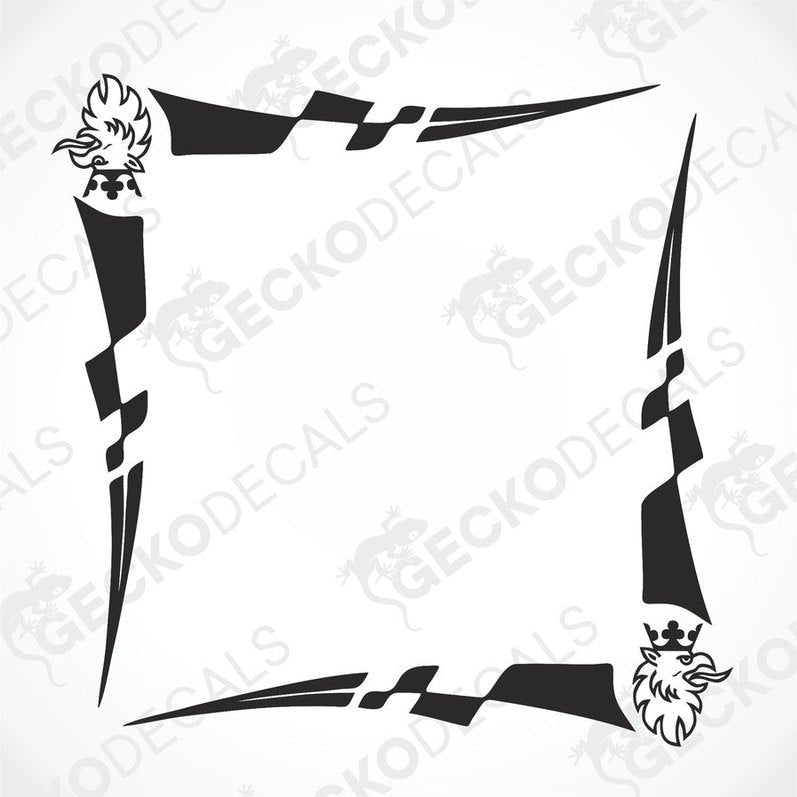 A set of two die cut decals for a Scania side window, featuring a black and white design with checkered patterns and logos.