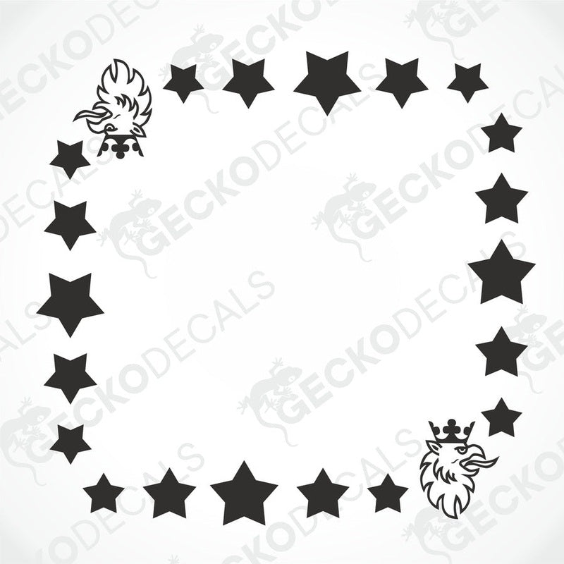 A set of black star-shaped vehicle decals and a decal of a griffin, along with other shapes, intended for use on side windows of a truck.