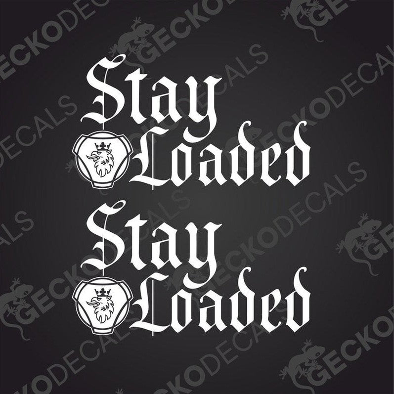A set of two black decals with the text 'stay LOADED' and a graphic of a donkey, delivered on a transfer paper with a GeckoDecals logo at the bottom.