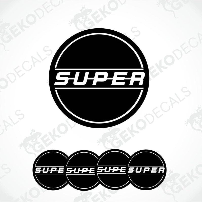 A set of four black vinyl stickers with the word 'SUPER' in white letters, arranged in a circular pattern with a GeckoDecals logo at the top.
