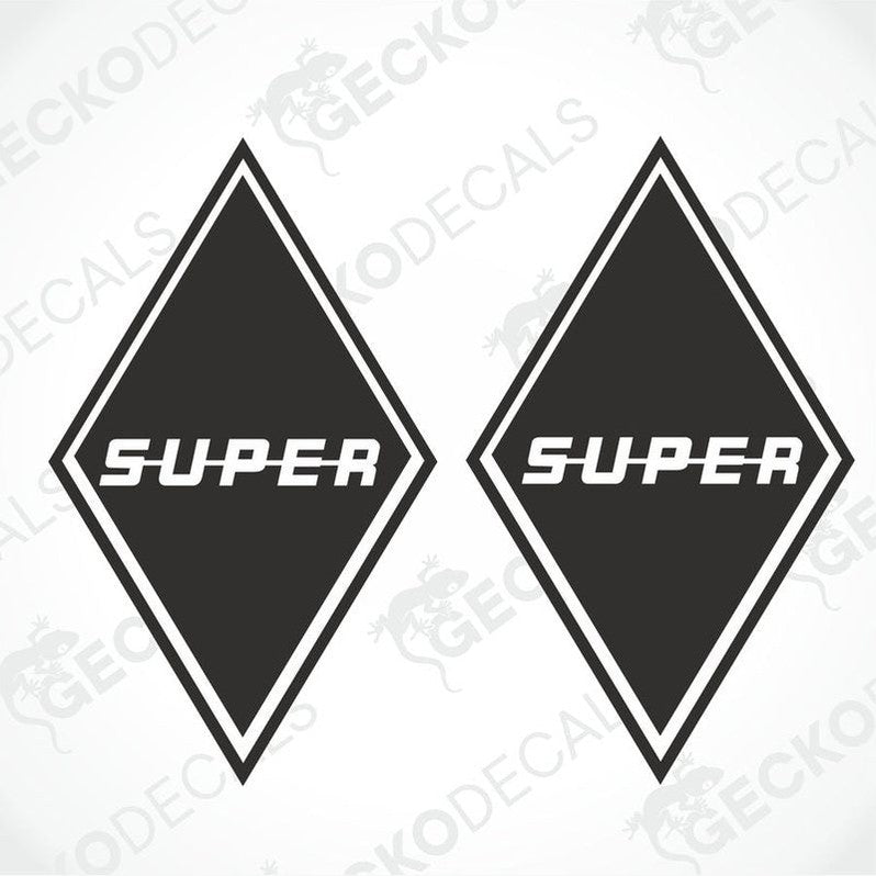 Two black decals with the word 'SUPER' in capital letters, arranged in a diamond shape
