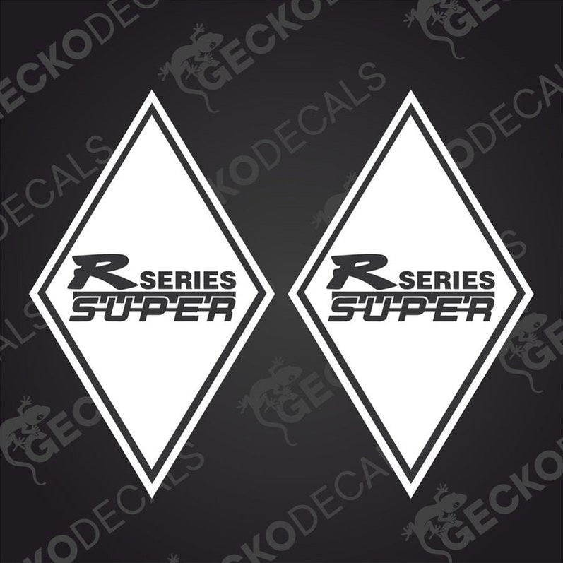 Two black decals with the text 'R SERIES SUPER' and a white graphic of a truck on a diamond-shaped background.