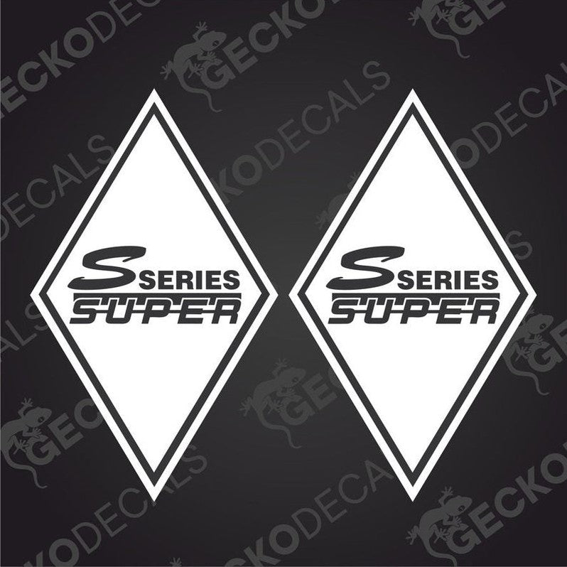 Two white diamond-shaped decals with 'S SERIES SUPER' text, intended for vehicle exterior branding.