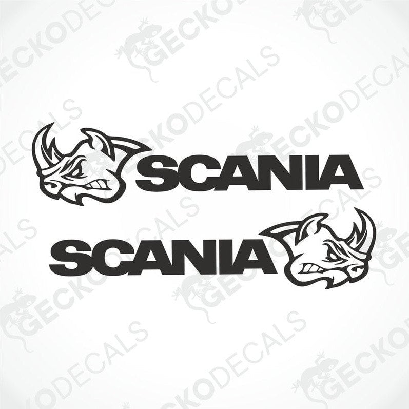 Two black Scania vehicle decals displayed on a white background, one with the Scania logo and the other with the text 'SCANIA' in bold.