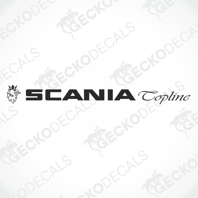 A front view of a Scania Topline truck with a die cut decal on the windscreen.