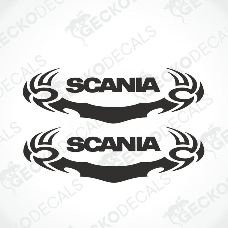 Two black and white Scania tribal decals with the Scania logo, displayed on a white background.
