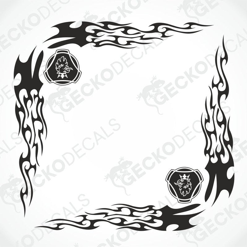 A set of black tribal pattern side window decals for a vehicle, featuring die cut designs with griffin motifs in the corners.