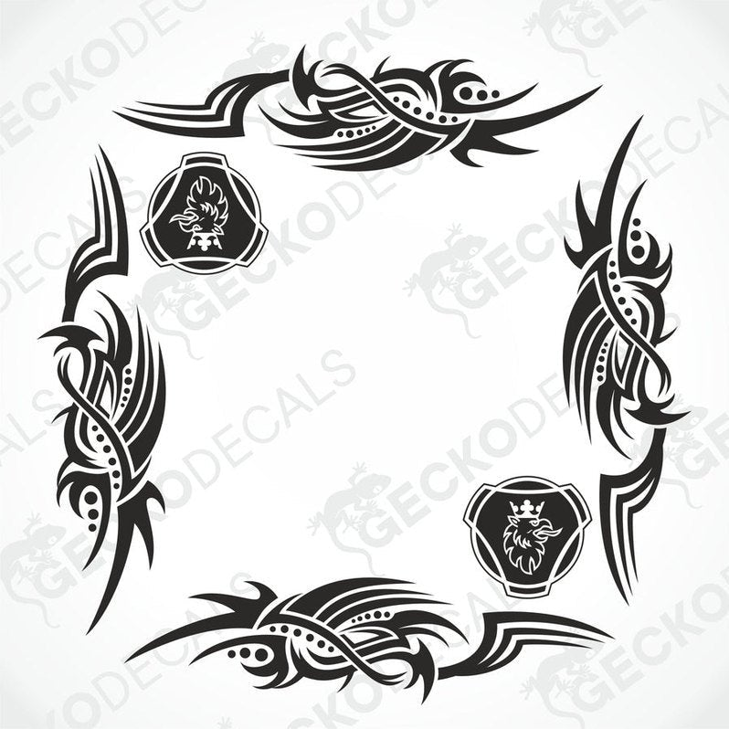 A set of two black tribal patterned vehicle decals designed for side window placement, including a griffin emblem.