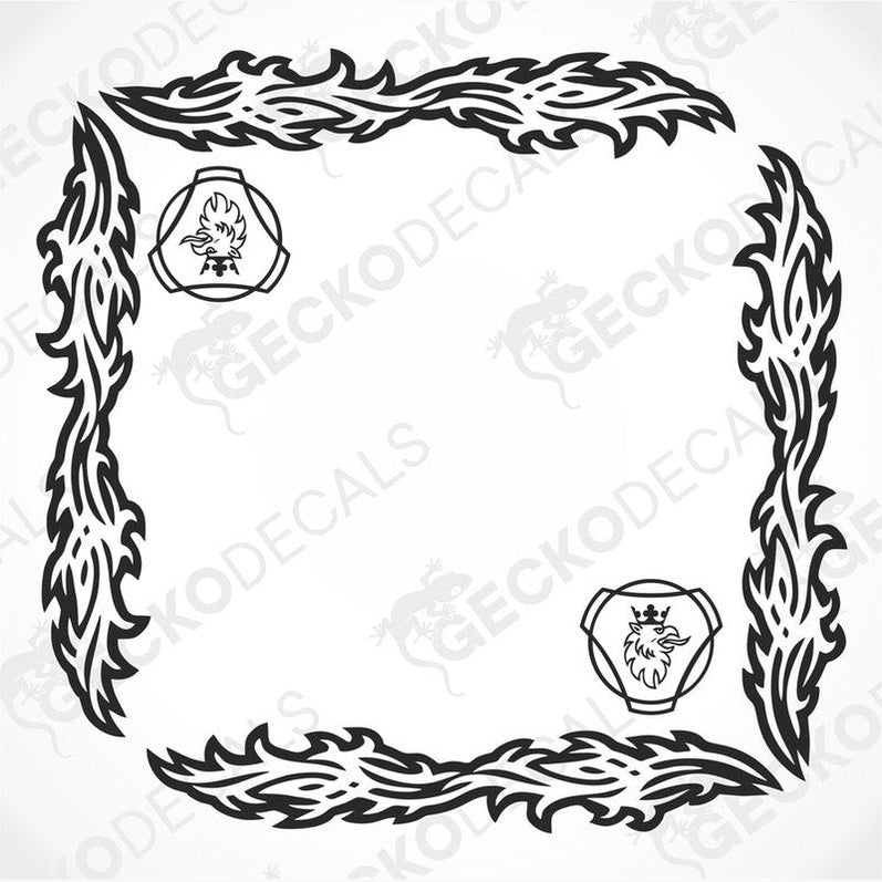A set of two black and white tribal patterned side window decals for a Scania truck, including the brand's griffin logo within the design.