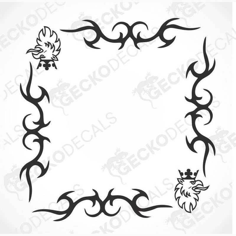 A set of two black tribal patterned decals for Scania side windows, designed for both interior and exterior use.