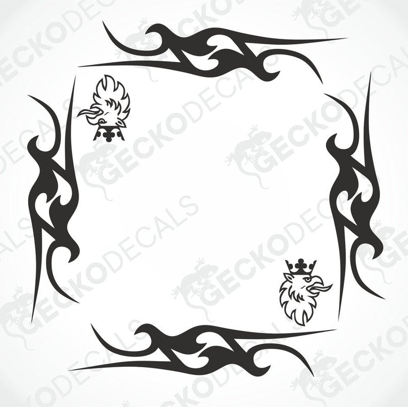 A set of black tribal pattern die cut decals for vehicle windows, displayed on a white background