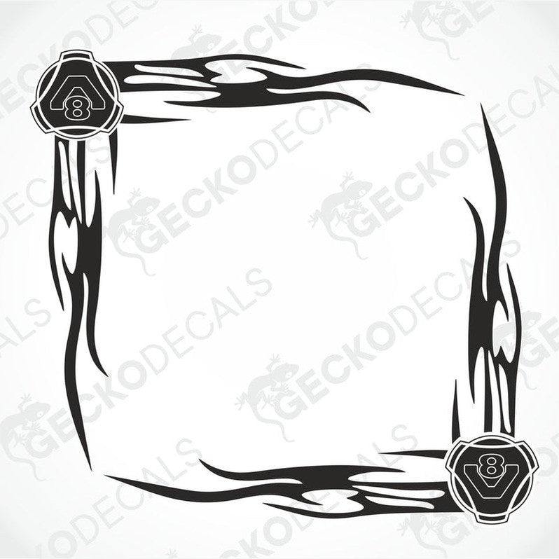 A pair of black and white tribal patterned side window decals for a Scania truck, including V8 engine motifs.