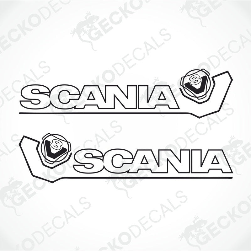 A pair of black and white Scania V8 decals intended for use on vehicles.