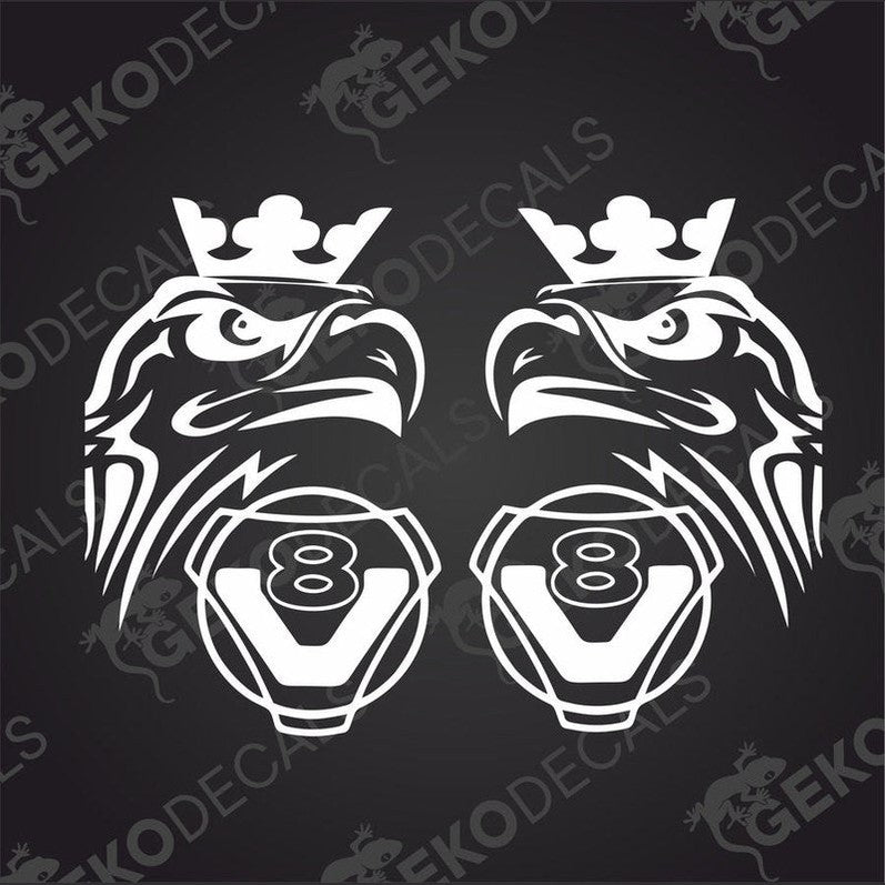 A pair of white decal stickers depicting the head of an eagle wearing a crown, with the number 8 on each side.