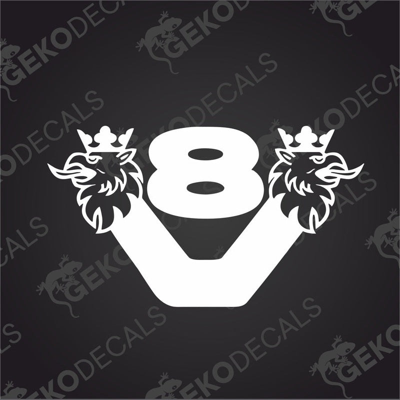 A black decal with the Scania V8 logo, consisting of a V-shaped design with two stylized lions' heads at the top.