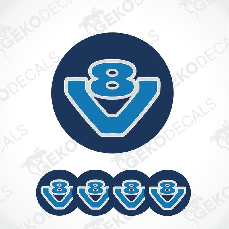 A set of blue and white vinyl decals with a number 8 and a V8 symbol, domed and epoxy resin coated.
