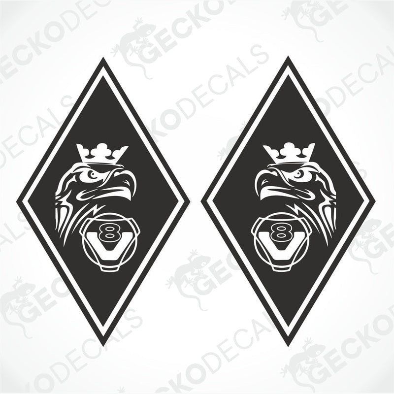 Two black and white die cut stickers with a geometric design, featuring an eagle and the number 8, on a white background.