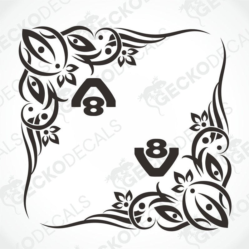 A pair of black and white side window decals with a floral pattern and the number '8' included, intended for use on a Scania V8 truck.