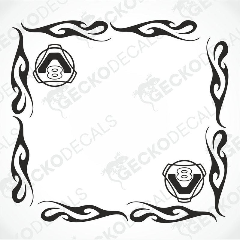 A pair of black and white side window decals for a Scania V8 truck, featuring tribal-style patterns and engine motifs.