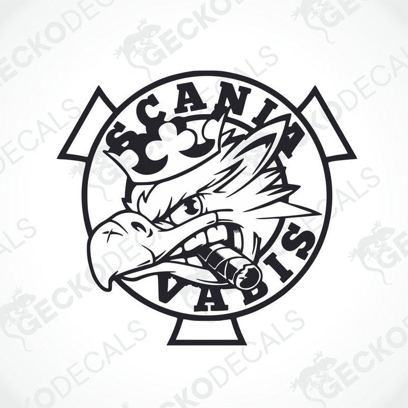 A black and white die cut decal featuring the text 'SCANIA VABIS' with a graphic of a bird in flight incorporated into the design.