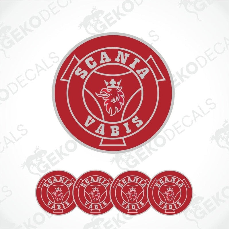 A set of four red and white vinyl stickers with the Scania Vabis logo.
