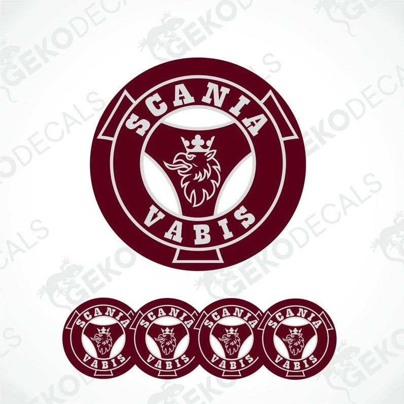 A set of four round red and white vinyl decals with the text 'SCANIA VABIS' and a logo.