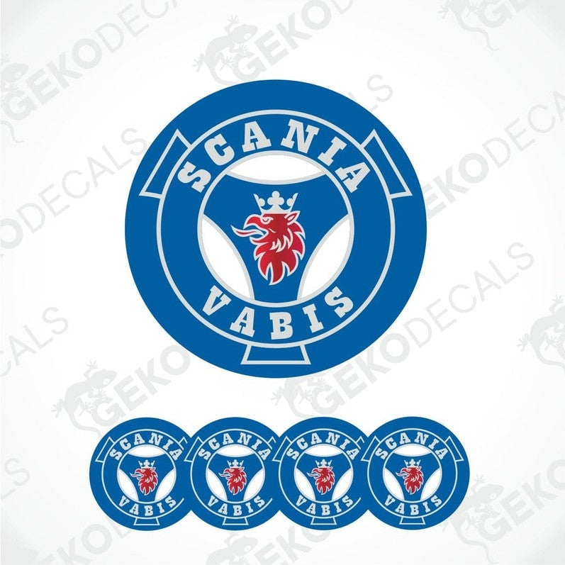 A set of blue vinyl decals with the text 'SCANIA VABIS' and an emblem, including four different sizes shown.