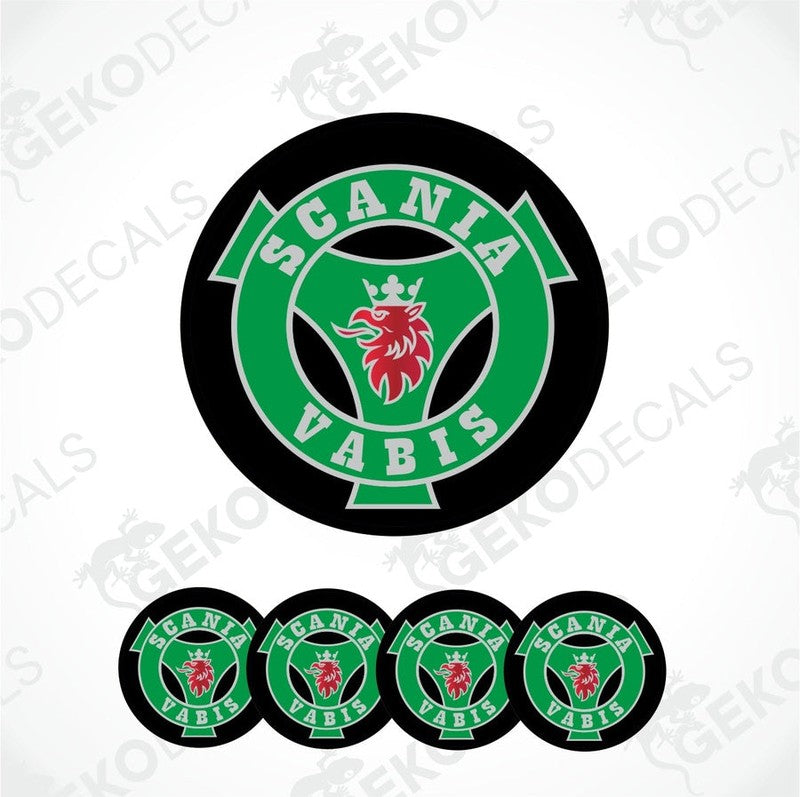 A set of four green and black vinyl stickers with the Scania Vabis logo.
