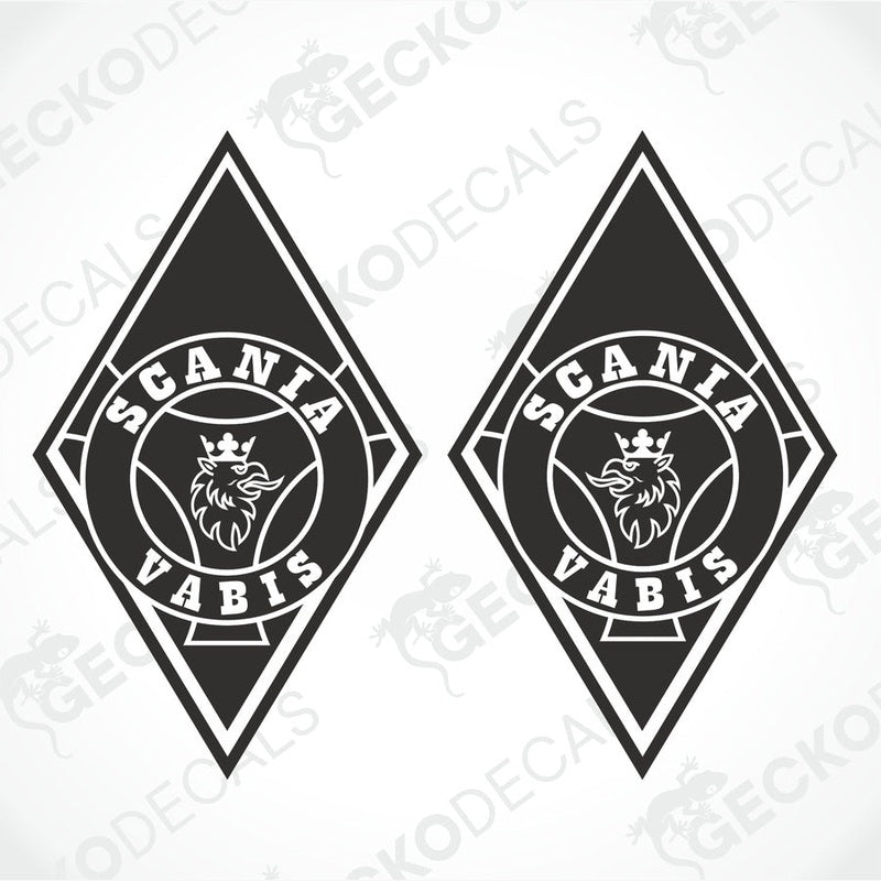 Two black and white diamond-shaped decals with the Scania Vabis logo.