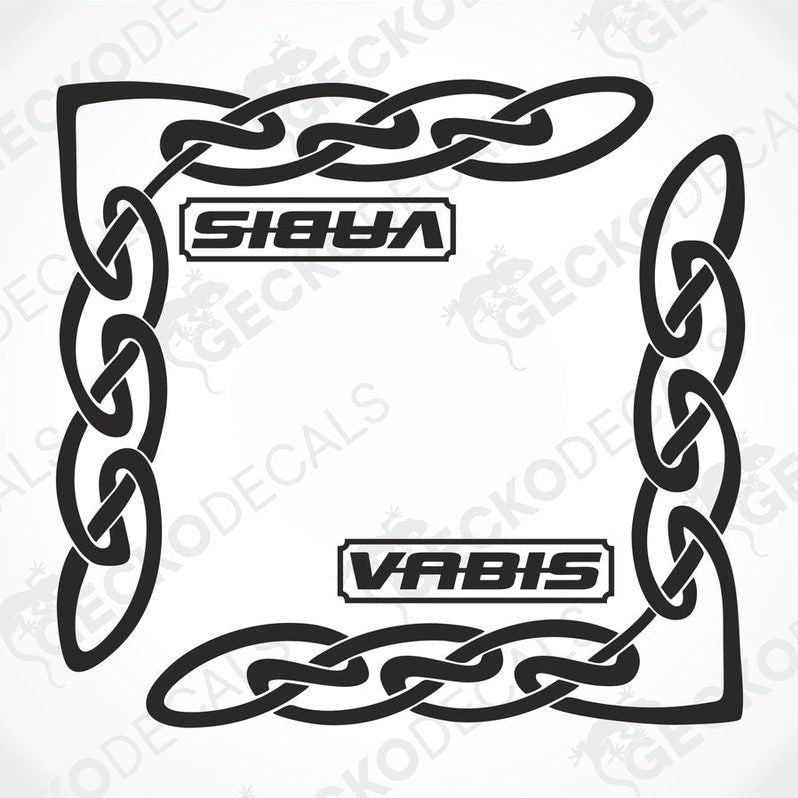 A pair of black side window decals with geometric chain patterns and the brand name 'VABIS' displayed in the center.